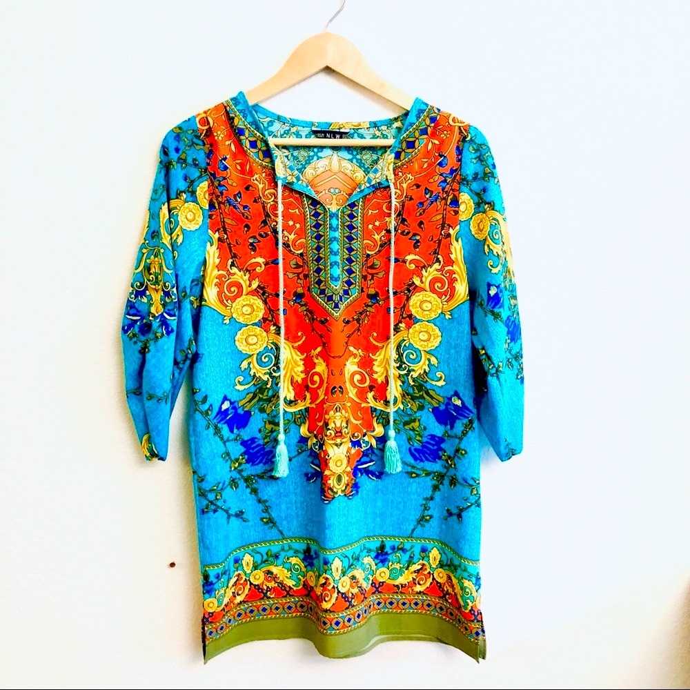 NLW Blue Boho Silky Tunic Shift Dress